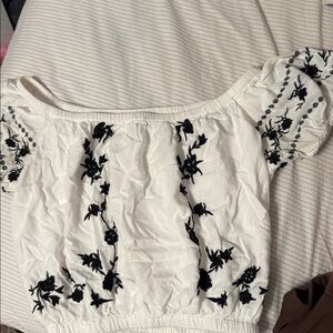 White and Black Floral Embroidered Top